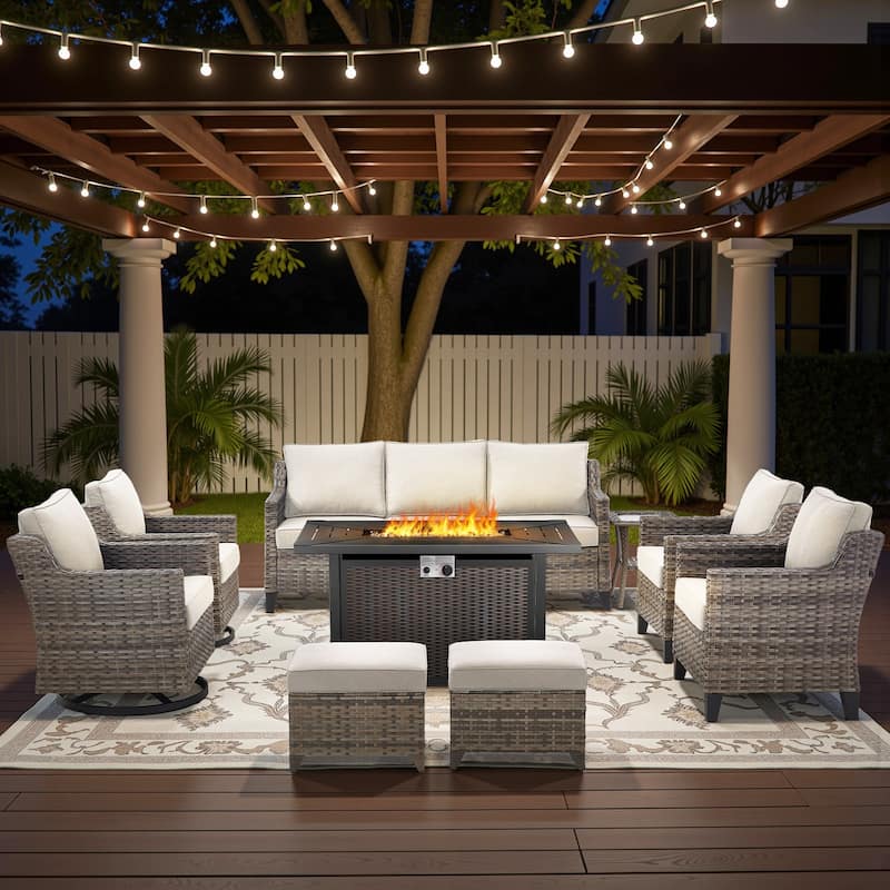 Glissia 9-Piece Gray Wicker Fire Pit Conversation Set with Wicker fire pit - Beige Cushions - Gray Wicker