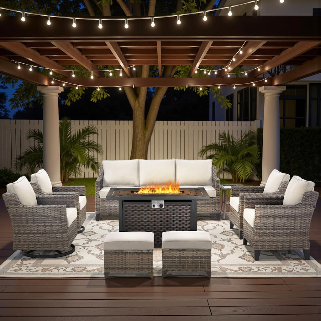 Glissia 9-Piece Gray Wicker Fire Pit Conversation Set with Wicker fire pit