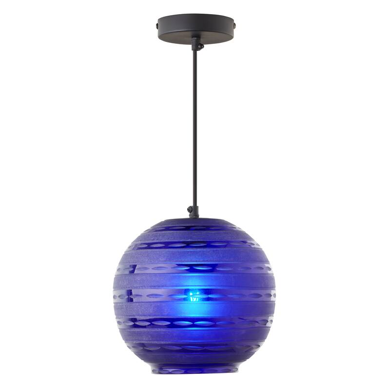 Hayley River of Goods Black Metal and Blue Blown Glass 9.5-Inch Pendant Light with Adjustable Hanging Cord - 9.5" x 9.5" x 64" - 9.5" x 9.5" x 64" - Blue/Black