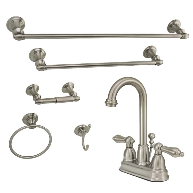 Traditional 4 in. Bathroom Faucet with 5-Piece Bathroom Hardware Combo - Brushed Nickel