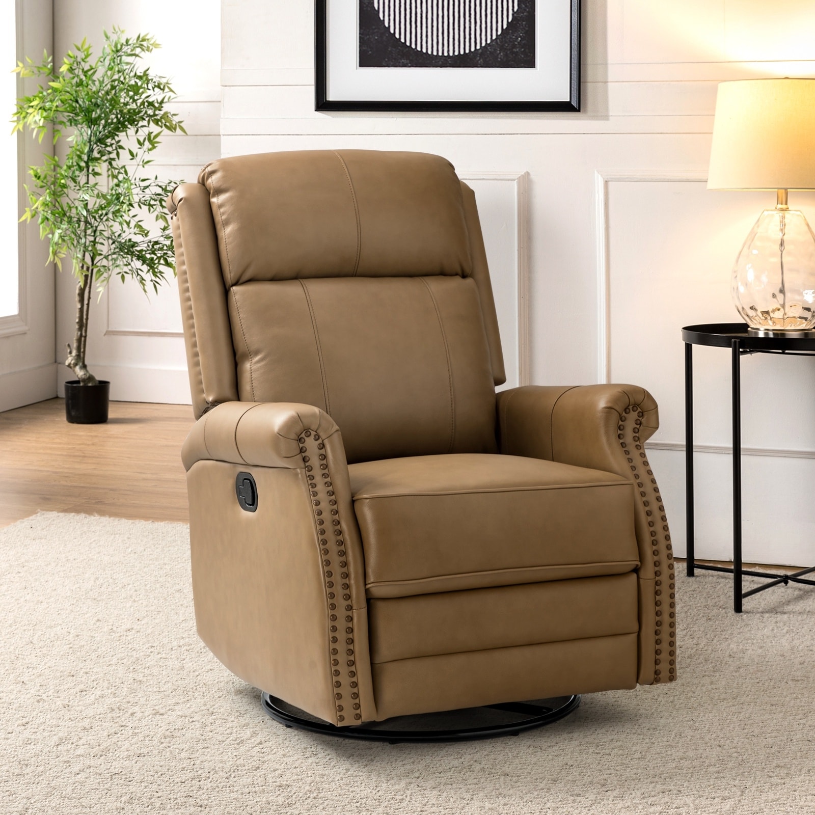 HULALA HOME Alina Modern 20''w Genuine Leather Swivel Rocker Nursery Manual Recliner Chair with Rolled Arms