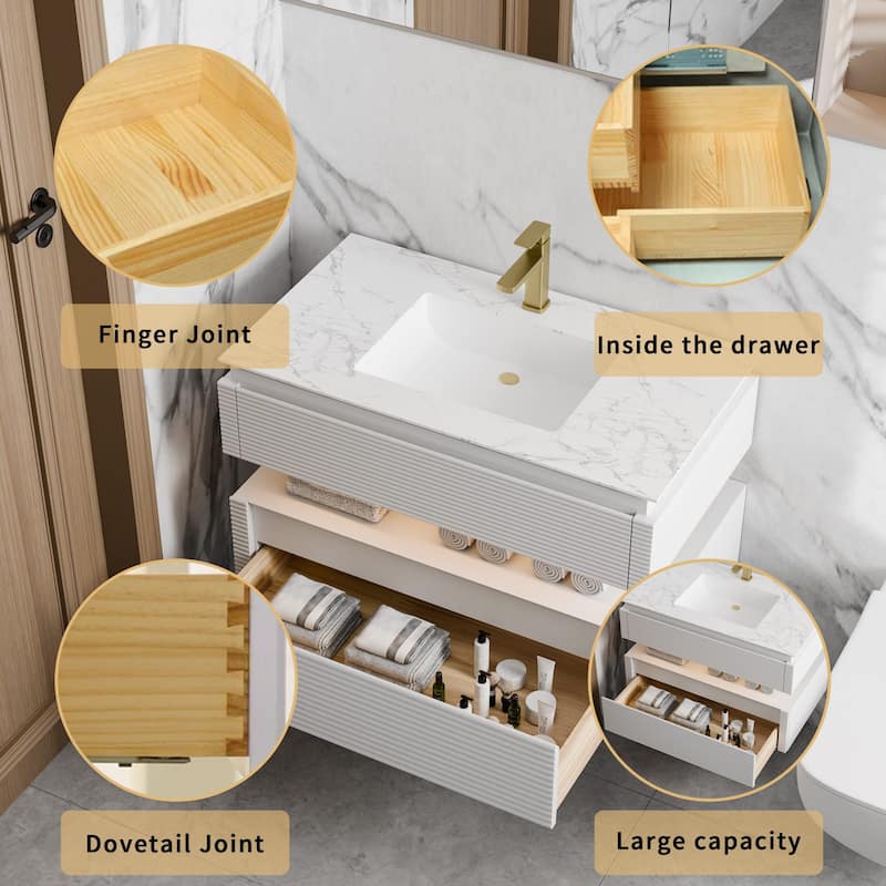 Modland 36" Modern Wall-Mounted Bathroom Vanity with Engineered Stone Countertop & Ceramic Undermount Sink