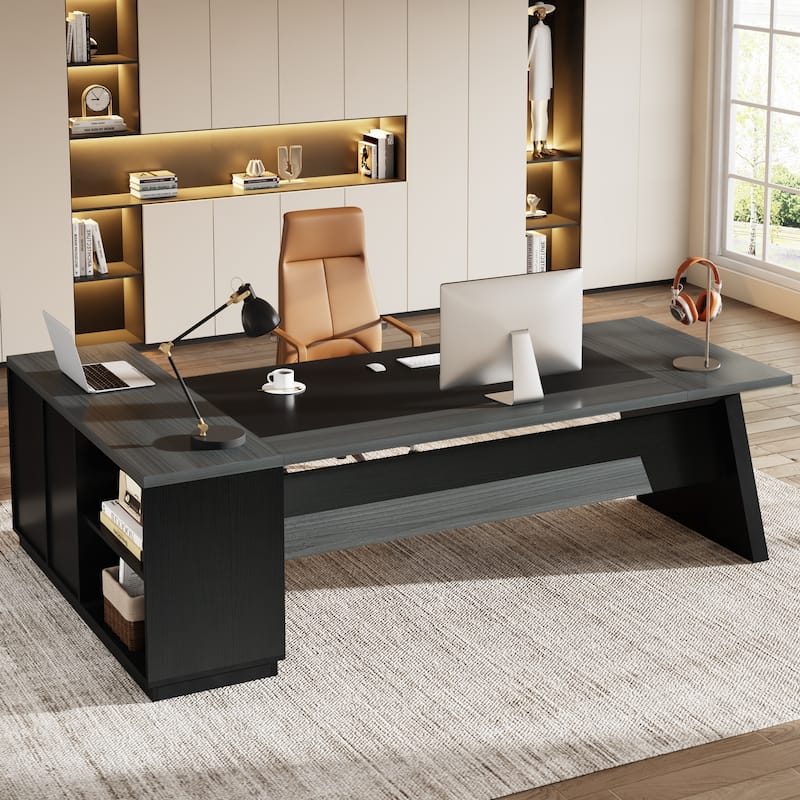 78.7-Inch L-Shaped Executive Desk Computer Desk with File Cabinet - Grey and Black