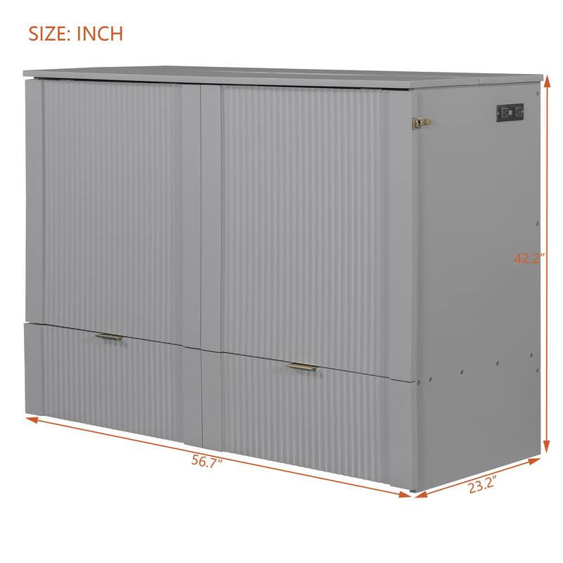 Full/Queen Size Murphy Bed Cabinet with Pulley Folding Design, USB Ports, Sockets and Large Storage Drawer