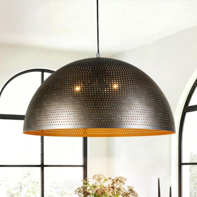 Rennnsan 3-Light Gold/Black Perforated Gold/Black Dome Pendant Light for Kitchen Island Dining Room - 23.6 in. W x 12.6 in. H - Black