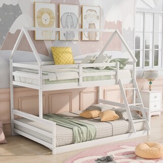 Elegant House Shape Twin over Full Wood Bunk Bed with Guardrails and Ladder, Designed for Child Safety, Gender Neutral, White