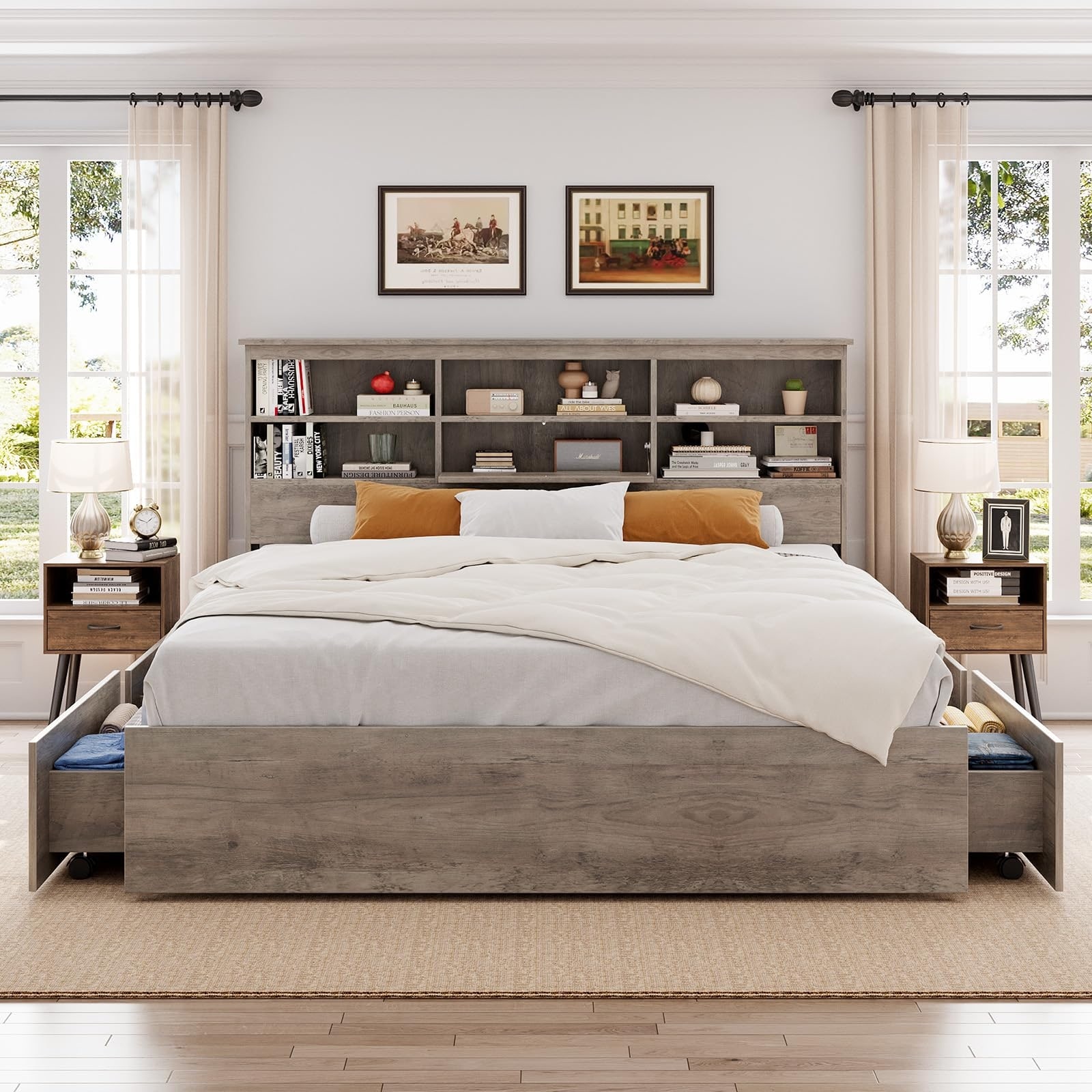 Storage Wooden Bed Frame with Bookcase Headboard and 4 Large Drawers - Bed  Bath \u0026 Beyond - 41631245, image size:1600x1600