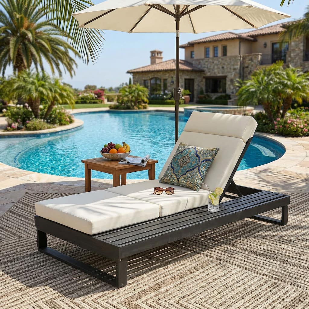 Christopher Knight Home - Modern Outdoor Acacia Wood Chaise Lounge with 4-Position Adjustable Backrest & 4-Fold Cushion