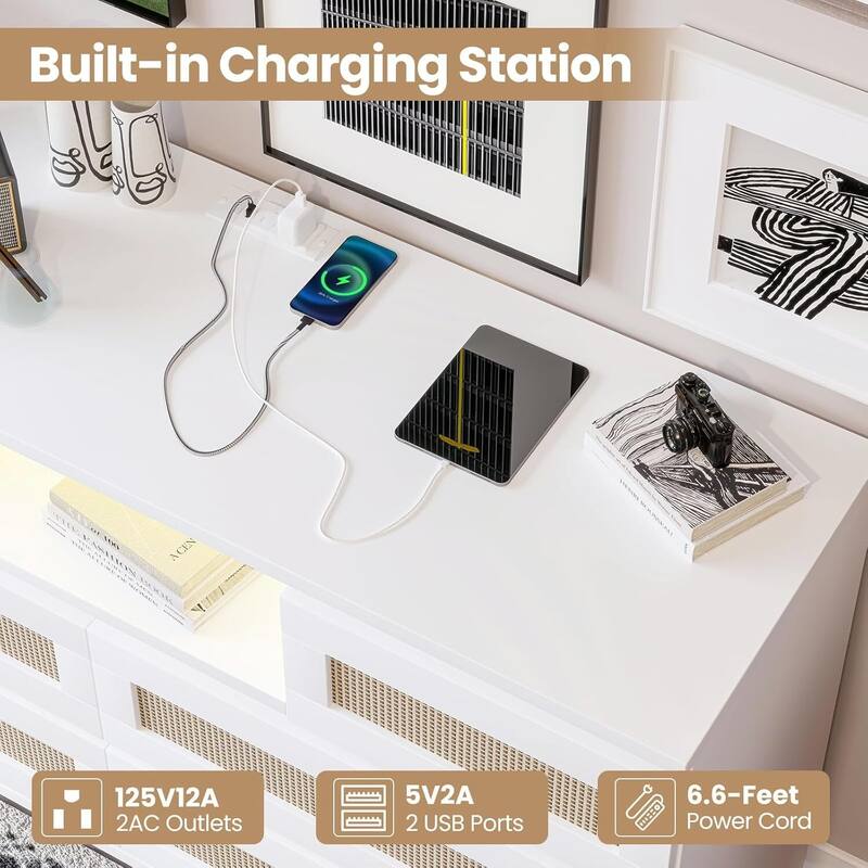 Natural Rattan Dresser for Bedroom with LED Light and Charging Station