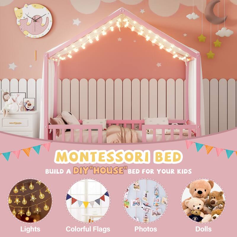Montessori House Bed with Canopy, Twin/Full Kids Floor Bed Frame with High Railings, Wooden Roof Bed for Toddlers and Children