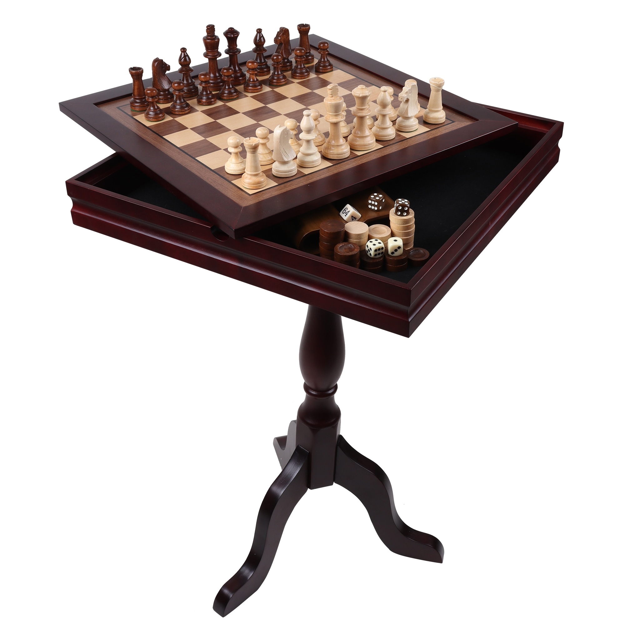 GSE Solid Wood 3-in-1 Chess Checkers Backgammon Board Game Table with Game Pieces
