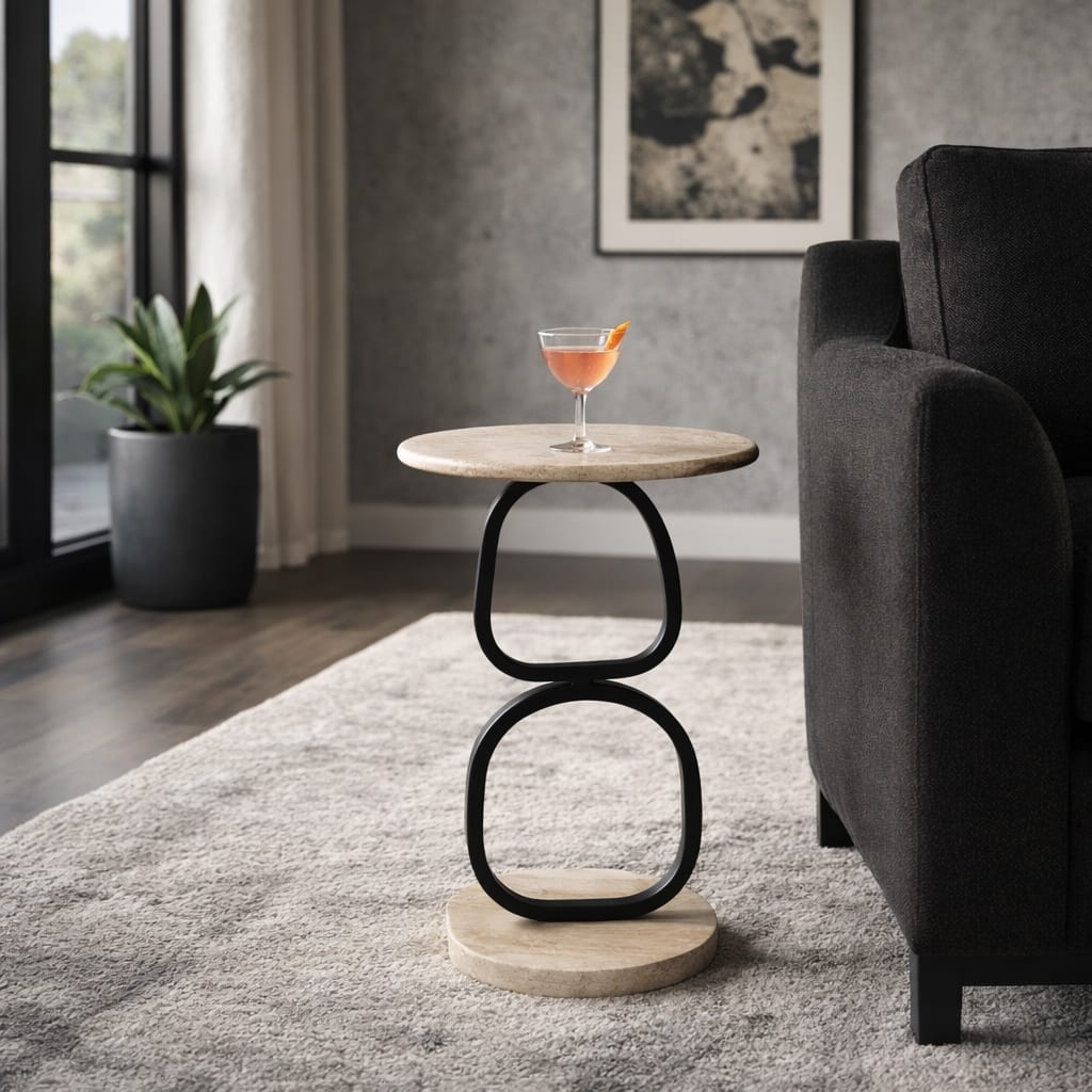 Marble Round Accent Table with Open Metal Base - 23", Tan & Black - 22.5"