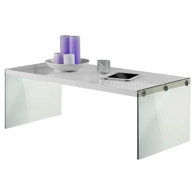 White Modern Rectangular Coffee Table with Tempered Glass Legs - 44 x 22 x 16 inches