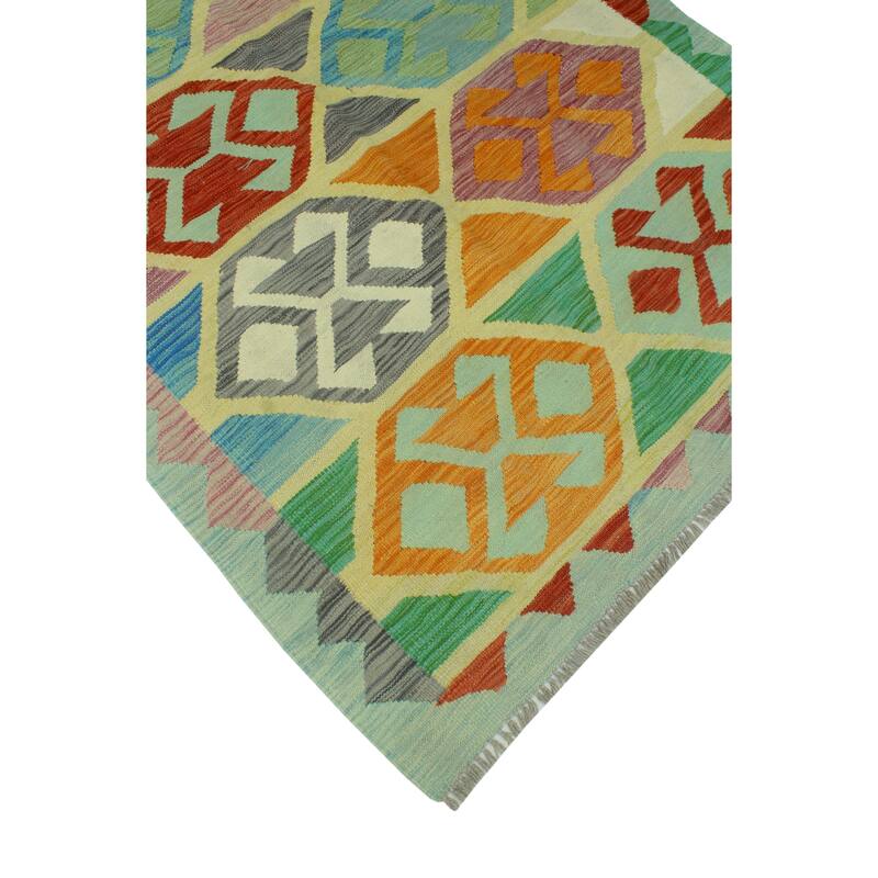 Sangat Flatweave Mariann Blue/Burgundy Rug - 4'1" x 5'10"