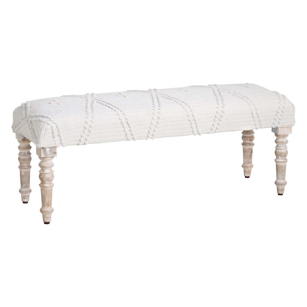 46 in. White Upholstered Accent Bench with Cream Solid Wood Frame
