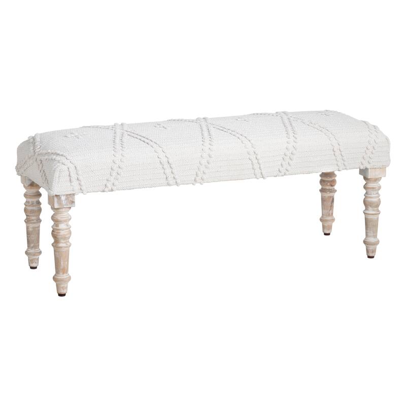 46 in. White Upholstered Accent Bench with Cream Solid Wood Frame