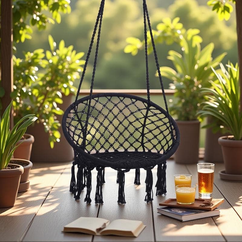 Metal Frame Macrame Hammock Swing with 330lb Capacity Cotton Rope Chair for Indoor/Outdoor - Black