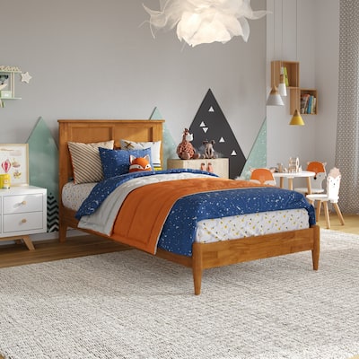 Retro Platform Bed - Solid Wood Low Profile Twin Bed with USB Charging - Stylish Bedroom Furniture