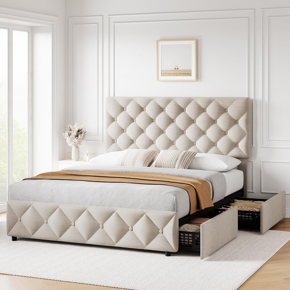 Linen Upholstered Platform Bed Frame Diamond Stitched Button Tufted