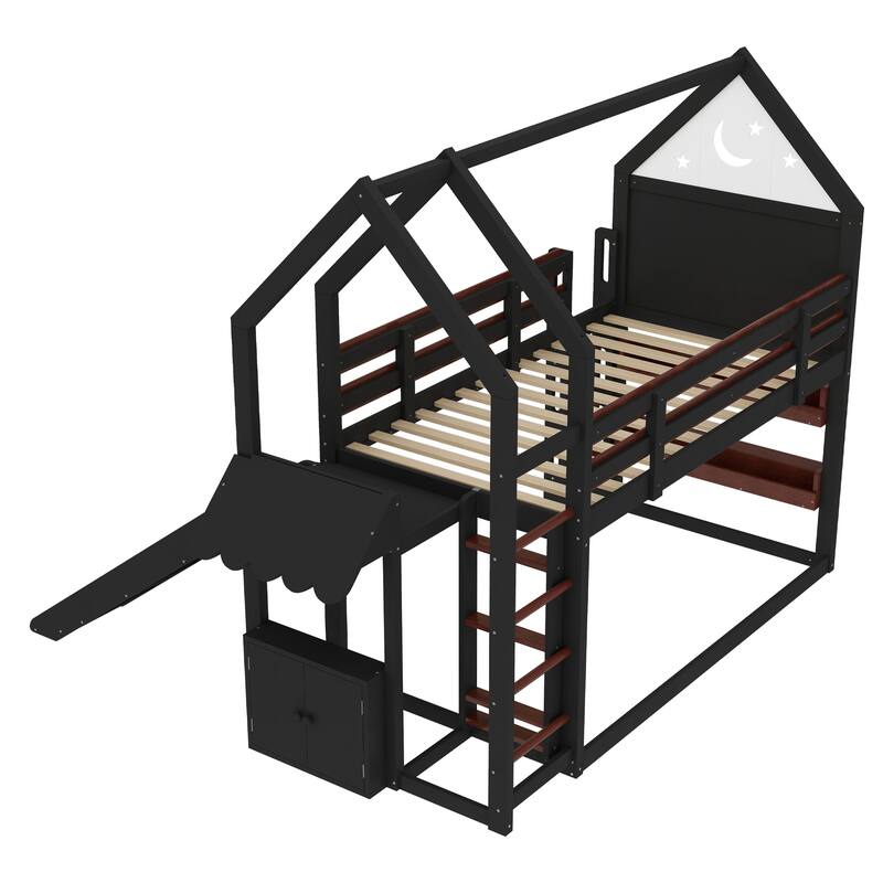 Twin Size Loft Bed with Bookshelf Playful Design for Kids House-Shaped Structure with Slide High-Quality Safety Rails