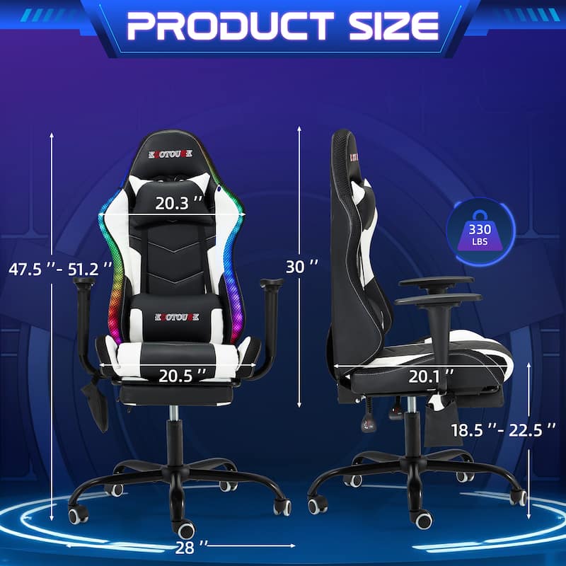 EROMMY RGB LED Gaming Chair with Massage Lumbar Support & Footrest, Ergonomic Reclining Computer Chair for Adults