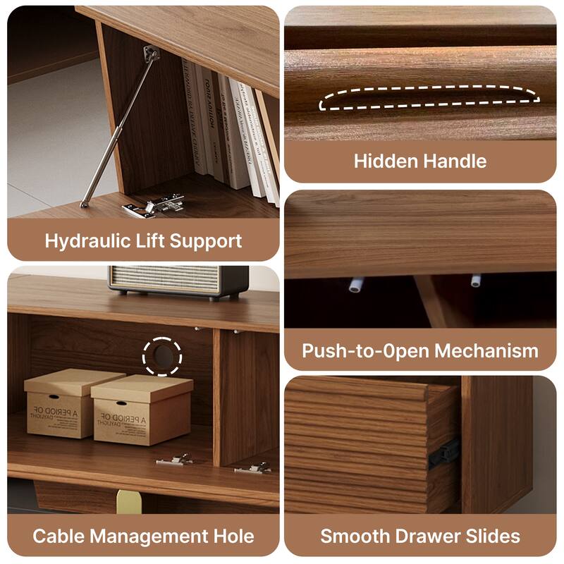 71" Modern Wooden TV Stand, Floor-Standing Media Console with Ribbed Storage and Gold Accents