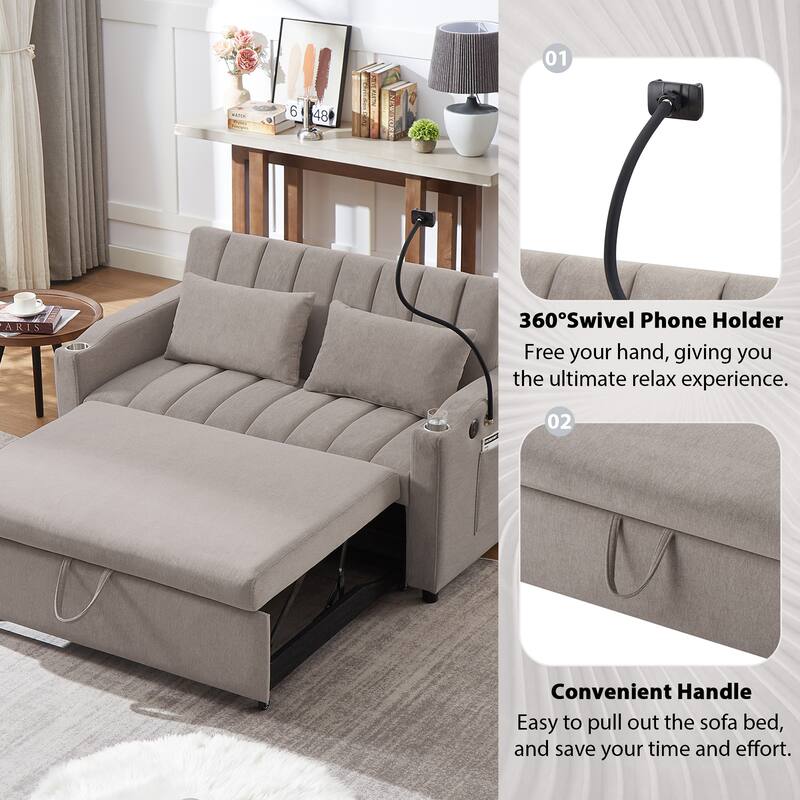 55.9" Convertible Sofa Bed Loveseat Sofa with Three USB Ports, Two Side Pockets, Two Cup Holders and 360°Swivel Phone Holder