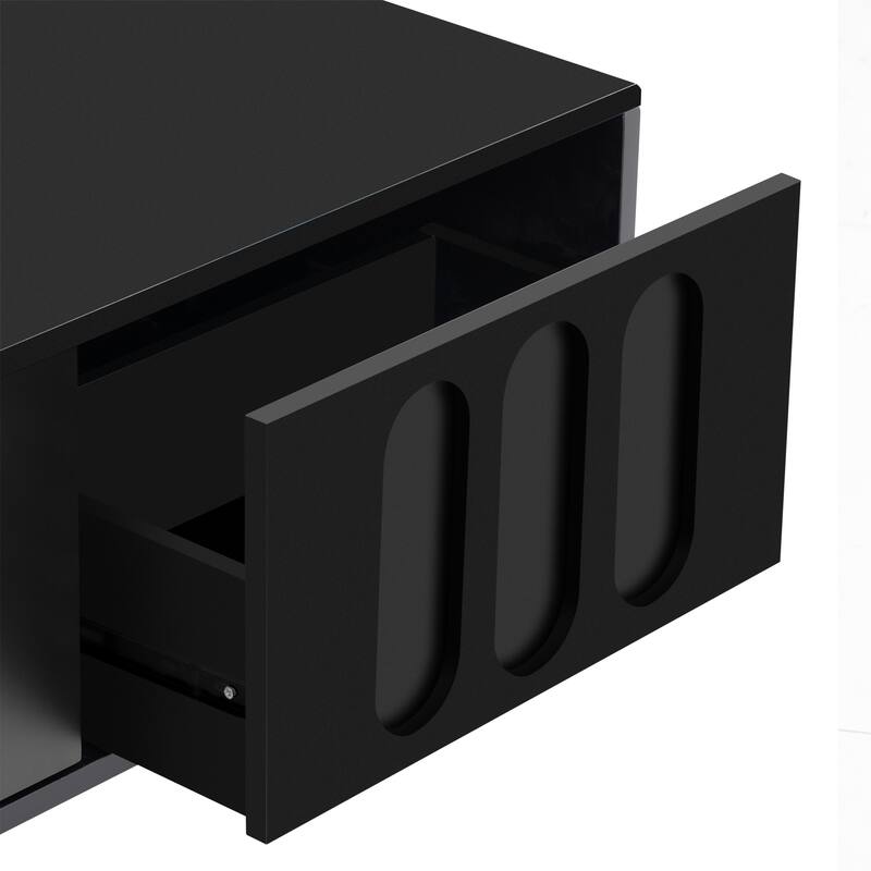 Contemporary TV Stand for 80-Inch TV, Wood Storage Cabinet with Glass Doors, 2 Drawers, and Solid Wood Legs