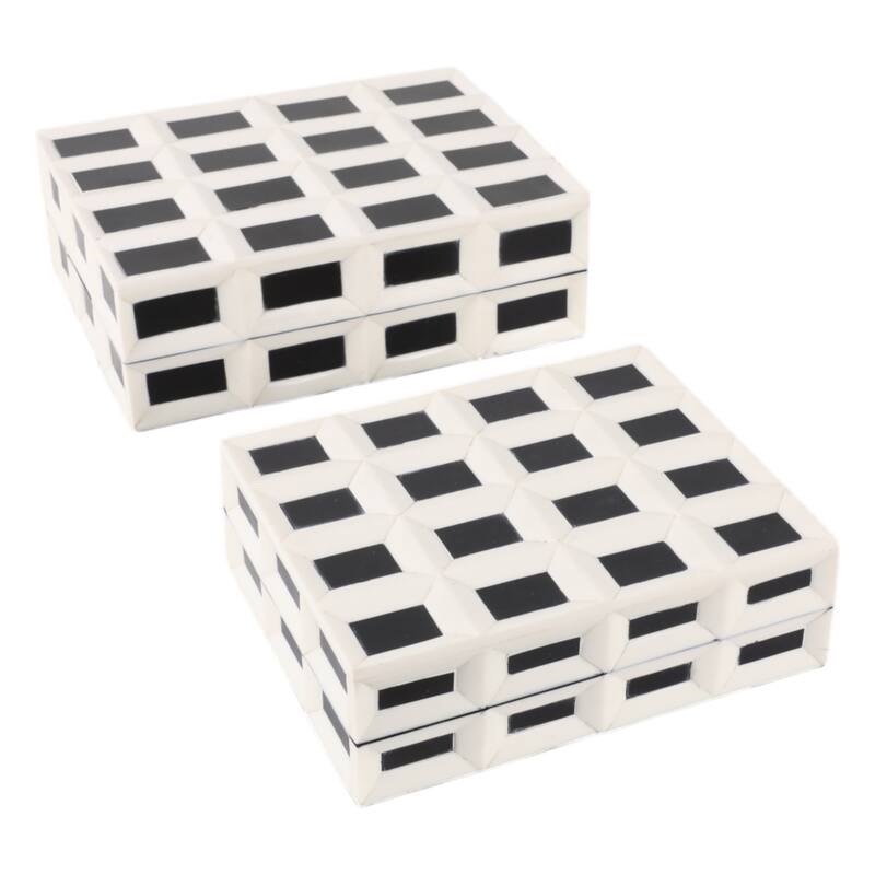 Decorative Checkered Pattern Box with Lid - Set of 2, 10", 12" White - 12.25"