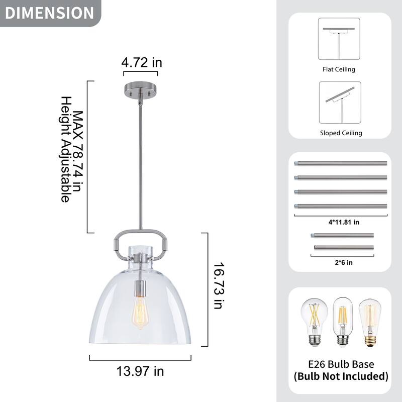 Starskys 1-Light Industrial Pendant Light with Bowl-Shaped Clear Glass Shade