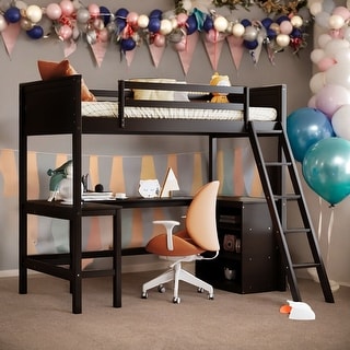 Twin Size Wooden Loft Bed with Ladder, Shelves and Desk, Espresso