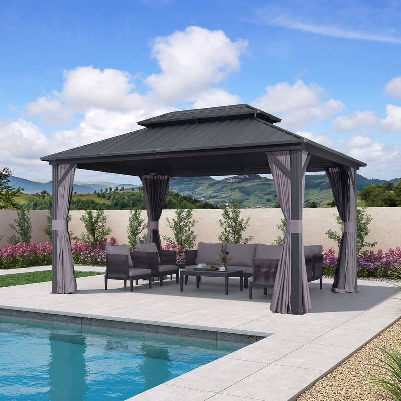 PURPLE LEAF Gazebo Outdoor Gazebo with Dual-Layer Galvanized Steel Double Roof Aluminum Gazebo with Netting and Curtains Grey - 10' x 14' - Grey