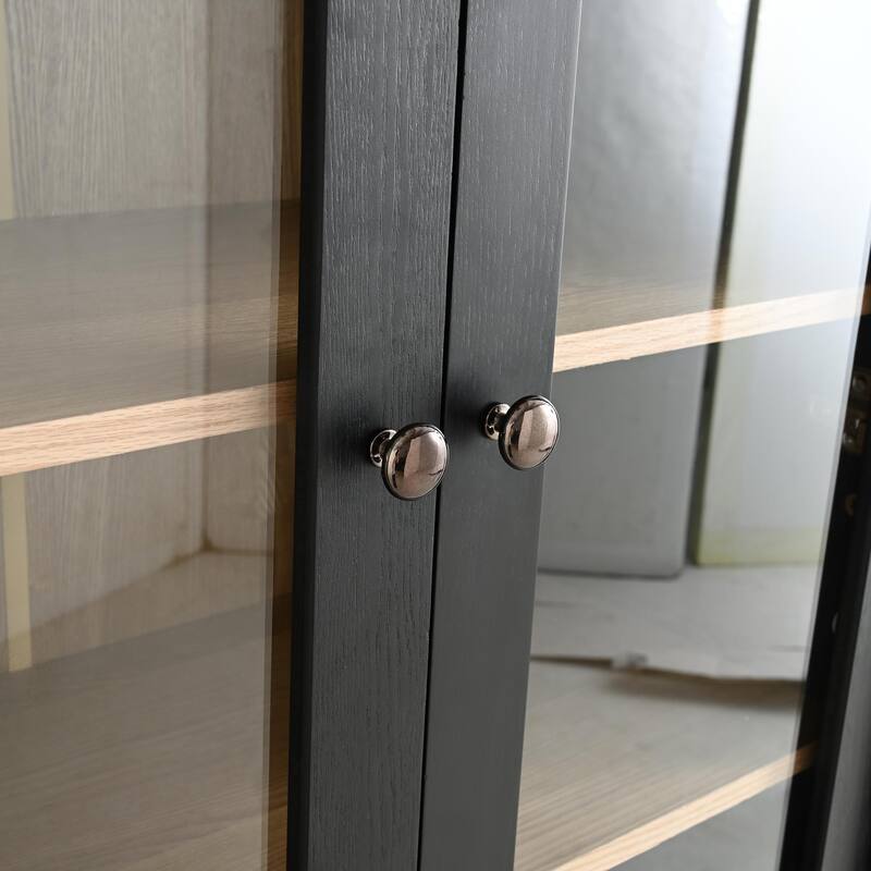 Roomfitters 73.25'' Vintage Display Cabinet with Glass Doors, Mid-Century Pantry Cabinet with Storage, Black & Natural