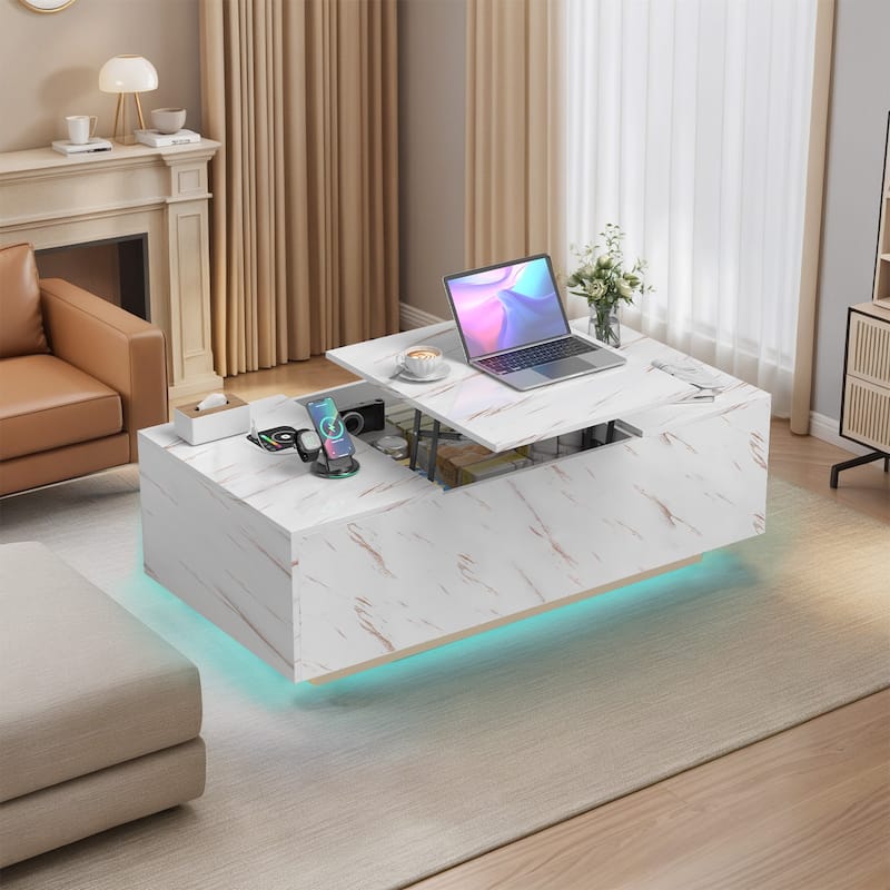 Pocassy 47.2" Smart Living Room Table with Wireless Charging & Bluetooth Speaker - White