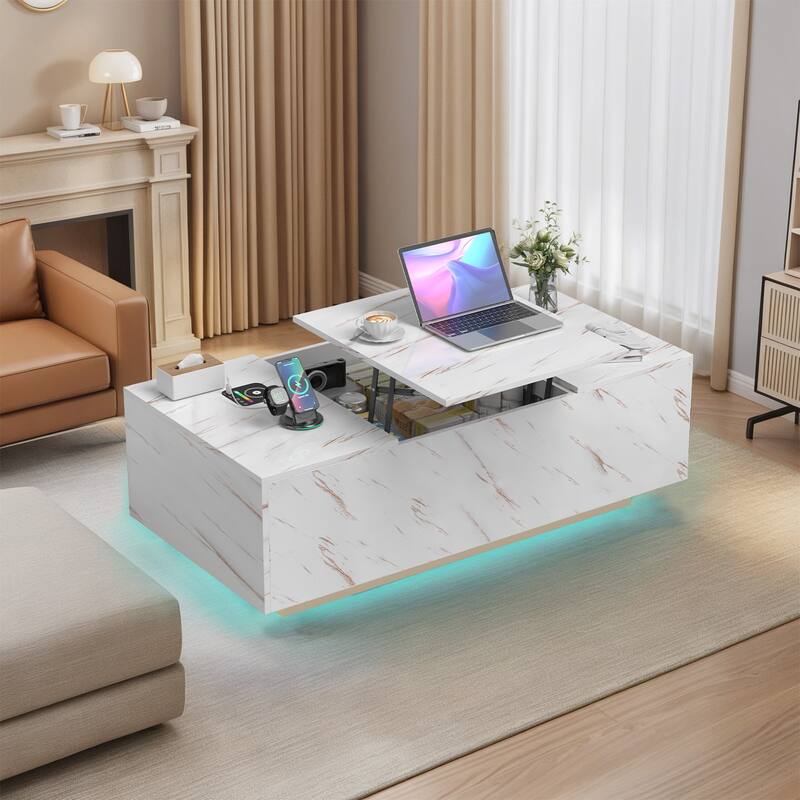 Pocassy LED Coffee Table 47.2" Coffee Tables with Storage Shelf - White