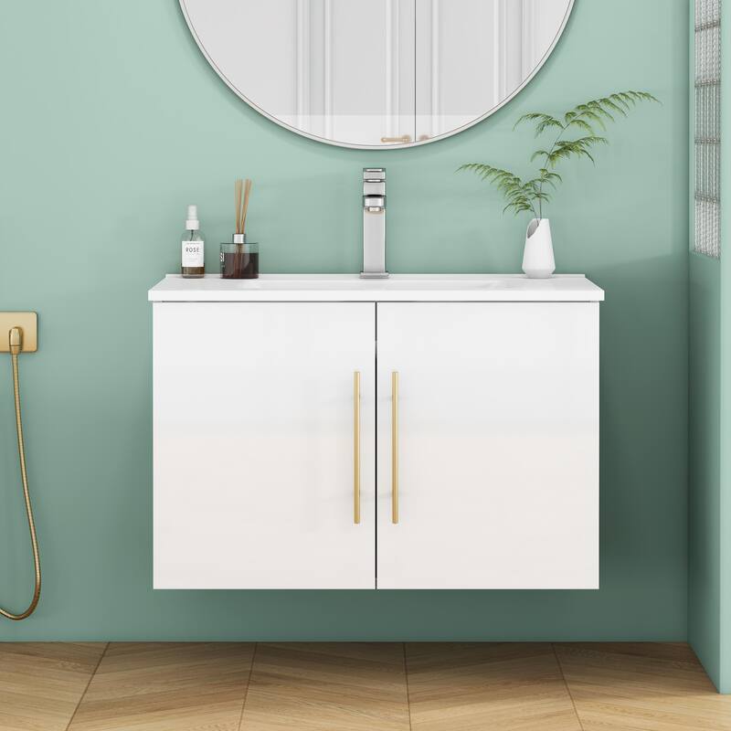 30-Inch Gloss Wall-Mounted Bathroom Vanity with Double Doors, Soft-Close Hangers,Long Gold Metal Handle - Glossy White