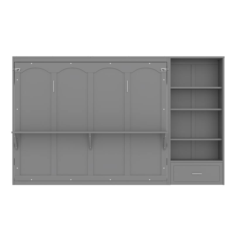 Murphy Bed Foldable Platform Bed Frame Queen Size Wall Bed with Drawer and Storage Cabinet Adjustable Height Compartments Shelf