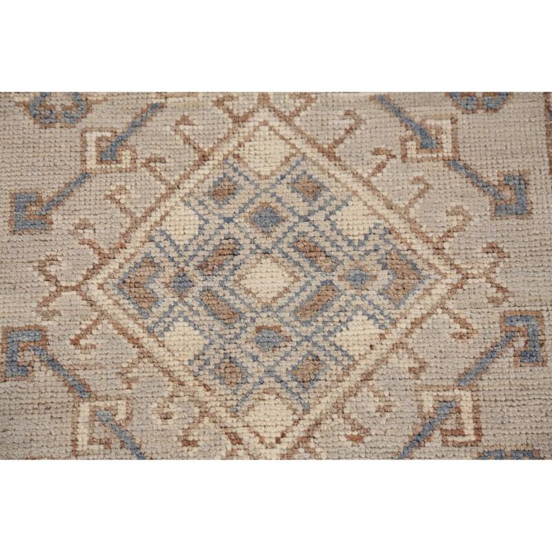 Hand Knotted Oriental 100% Wool Carpet Transitional Geometric Beige & Ivories Oushak Runner Rug - 11' 7'' X 3' 1''