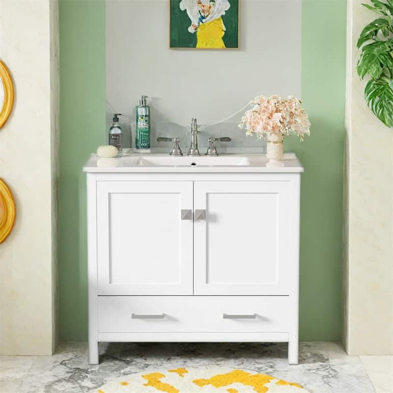 36" Bathroom Vanity with Ceramic Sink,Soft-Close Doors,Storage Shelves
