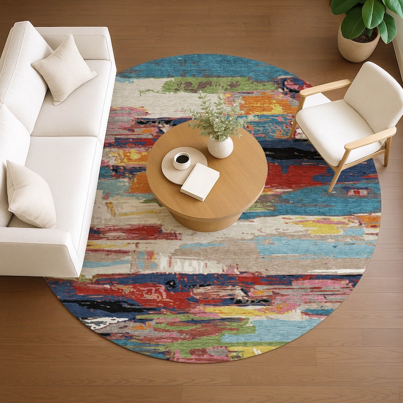 Machine Washable Indoor/ Outdoor Abstract Contemporary Chantille Rug