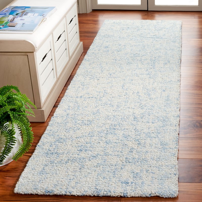 SAFAVIEH Handmade Abstract Euphrasie Modern Wool Rug - 2'3" x 8' Runner - Light Blue/Ivory