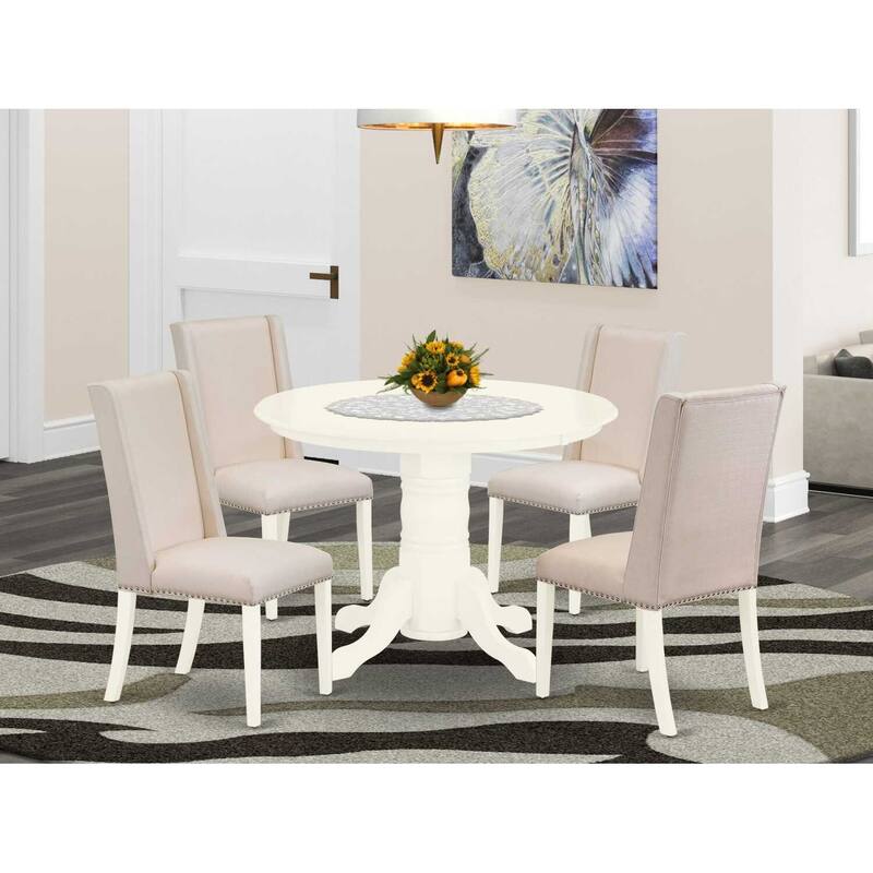 HomeStock 5-Piece Buttermilk & Cherry Finish Solid Wood Top Dining Table with 4 Parson Chair with Lattice Back