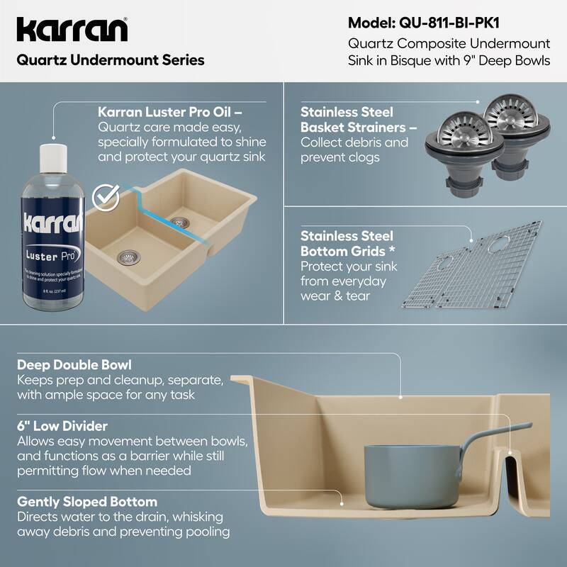 Karran 32" Undermount Large/Small Bowl Quartz Kitchen Sink Kit - 32" x 21.25" x 9"