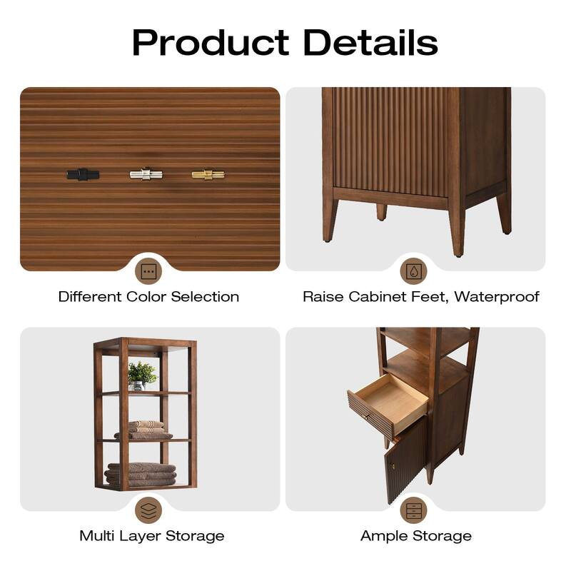 Vanity Art 72" Tall Tower Bathroom Linen Cabinet with Soft Close Door and Drawer - 21"/Golden Brushed Handle - Linear Walnut