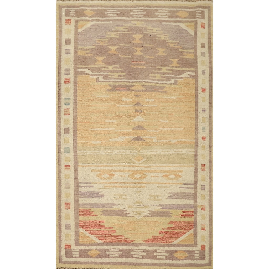 Hand Woven Oriental 100% Wool Carpet Southwestern Tribal Oranges & Rust Kilim Area Rug - 5' 0'' X 3' 2''