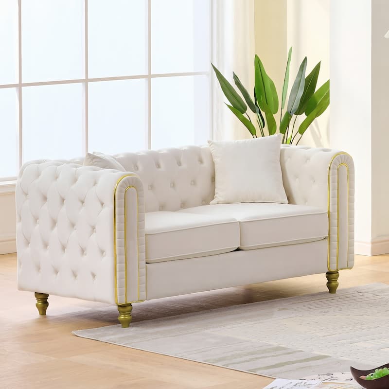 Roomfitters 63" Modern Upholstered Chesterfield Loveseat with Gold Trim, Button Back 2-Seater Couch for Small Spaces
