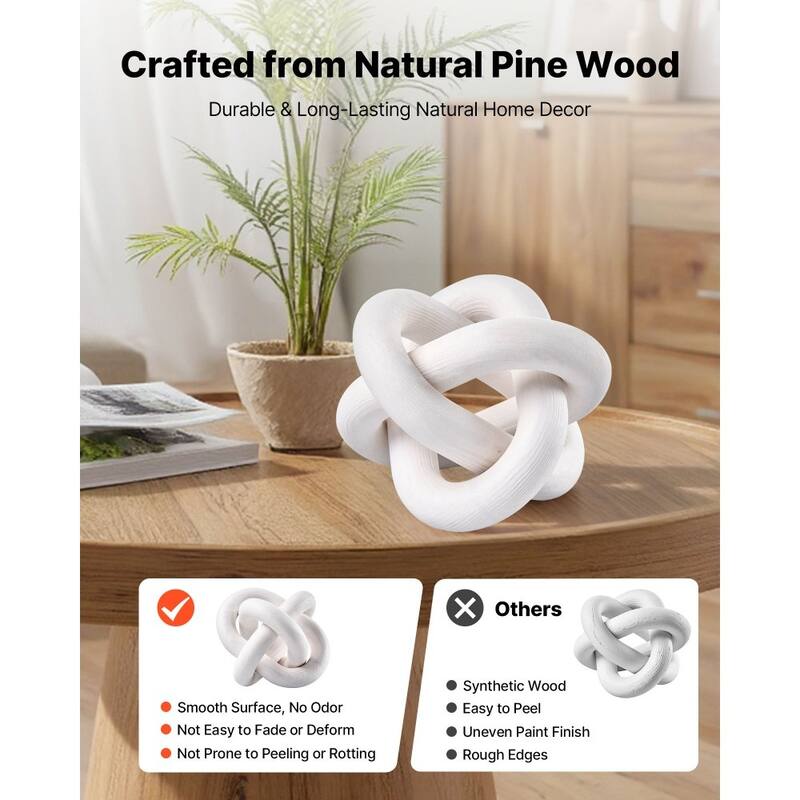 Pine Wood Chain Link Ornament Rustic Modern Home Decor Shelf Decoration White Handmade Knot Accent - 5.5 x 5.5 x 3.54 in