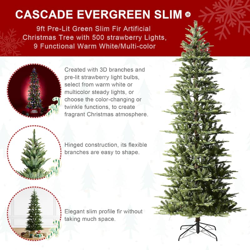 Glitzhome 7.5ft/9ft Pre-Lit Evergreen Slim Fir Artificial Christmas Tree With Strawberry Lights