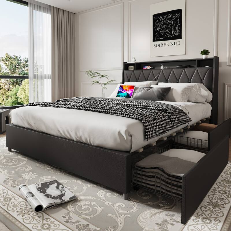 Queen Platform Bed Frame with Ergonomic Headboard, USB Outlets, Charger & Storage Shelf - Black - Queen