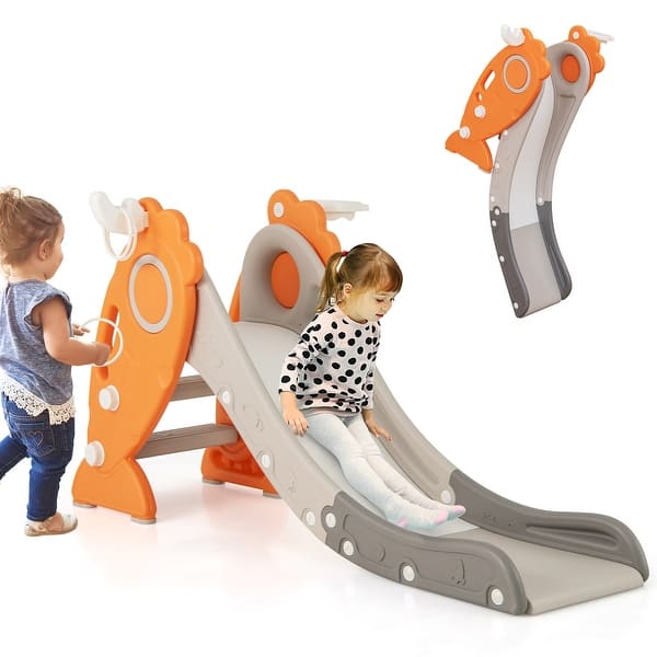 slide 2 of 10, Gymax 4-in-1 Toddler Slide w/ Basketball Hoop & Ball Ring Toss Game Orange - Kids